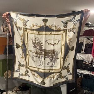 Hermes Cream, Navy & Gold Horse-Print Silk Scarf